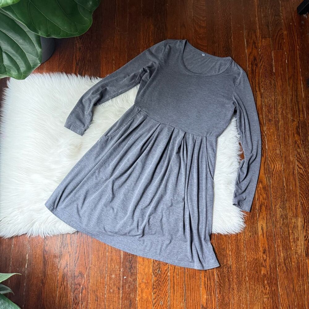 Basic Long Sleeve Grey Dress Knee Length